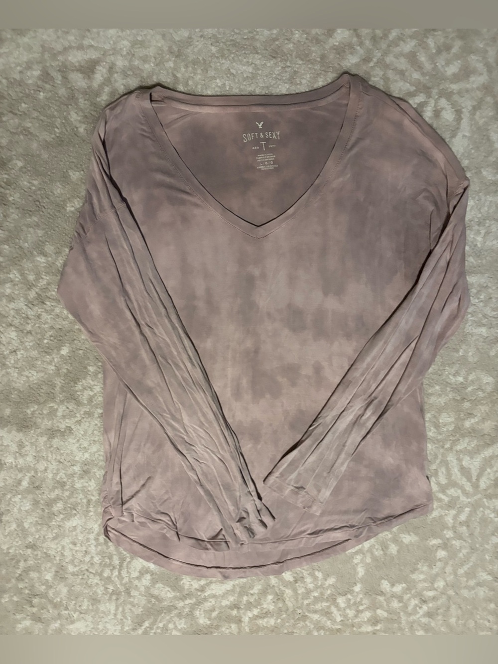 American Eagle Long Sleeve V-Neck Top Pink Purple Tie-Dye Style Size Large